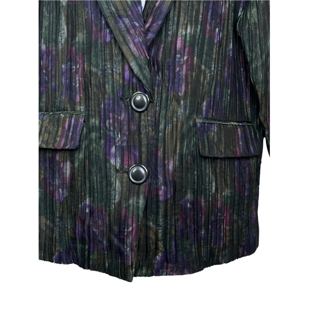 New Cache Blazer 1 Medium Purple Green Metallic Floral Pleated Vintage Jacket - Picture 4 of 13